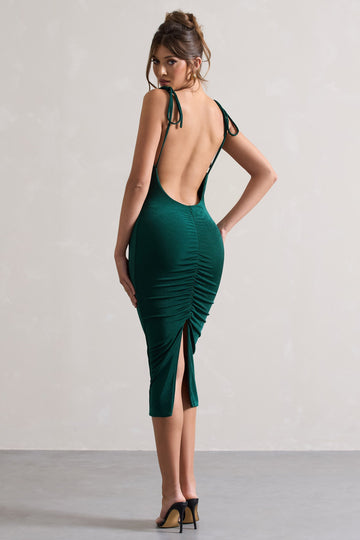 Irina Bottle Green Cowl-Neck Bodycon Midi Dress